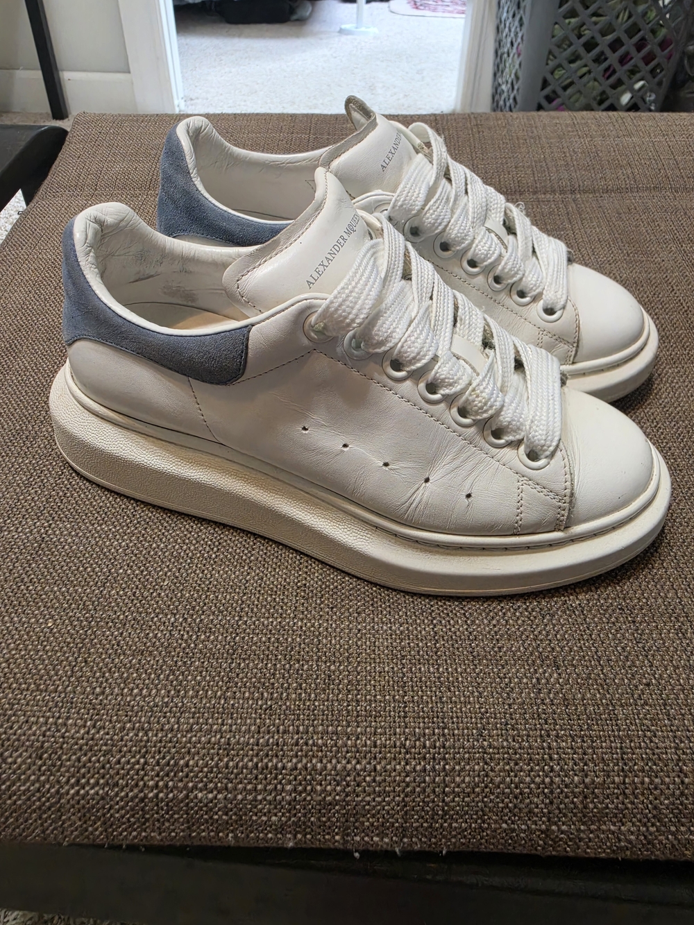 Alexander McQueen White Leather Platform Sneakers with Light Blue Heel